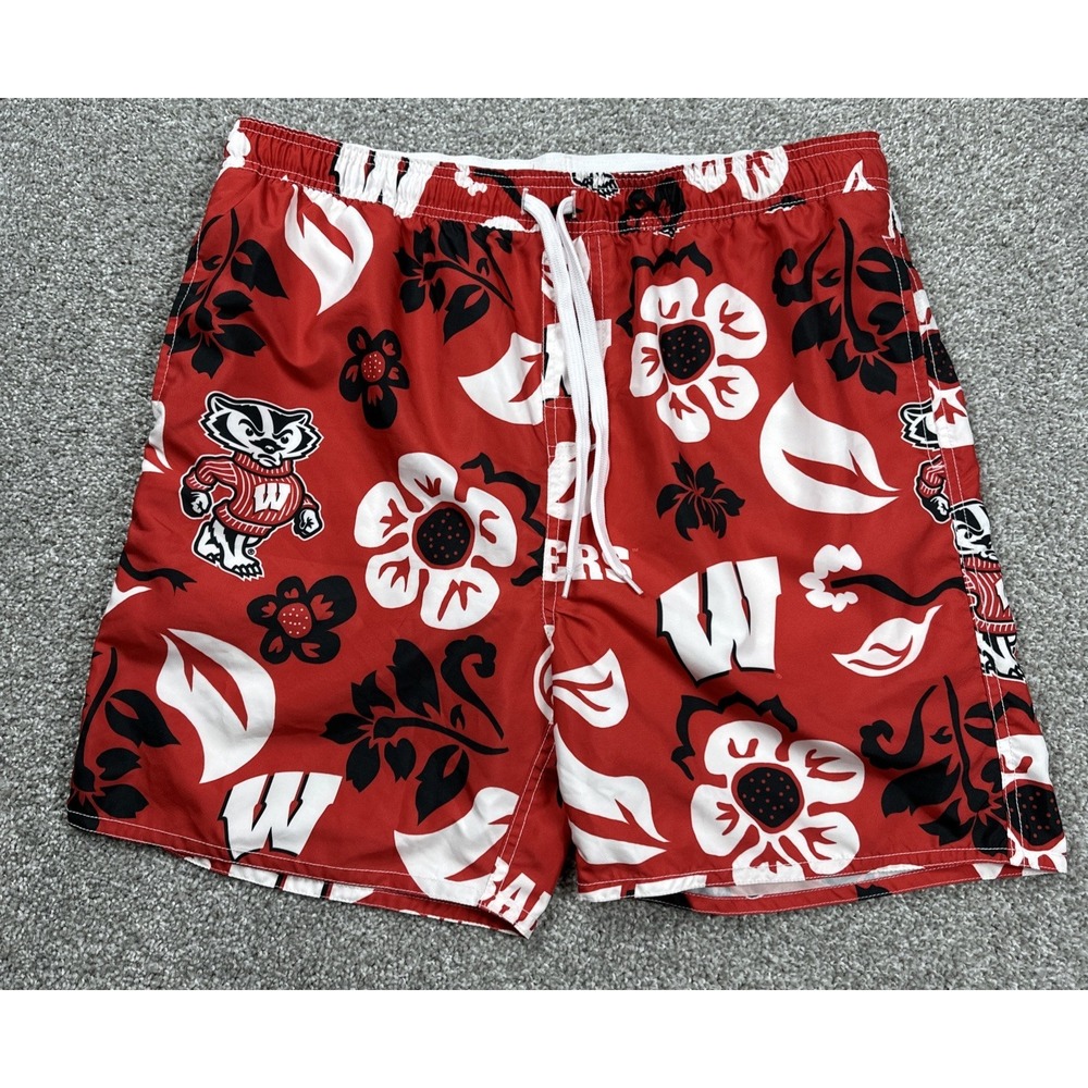 Wisconsin Badgers Hawaiian‎ Swim Trunks XL Red Floral Mesh Lined Wes and Willy